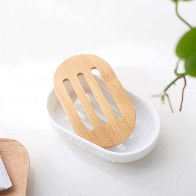 Vit tvålkopp med insats i bambu