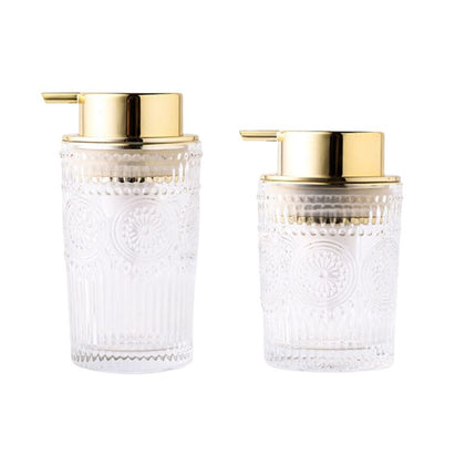 Glastvålpump med guldpump och mönster