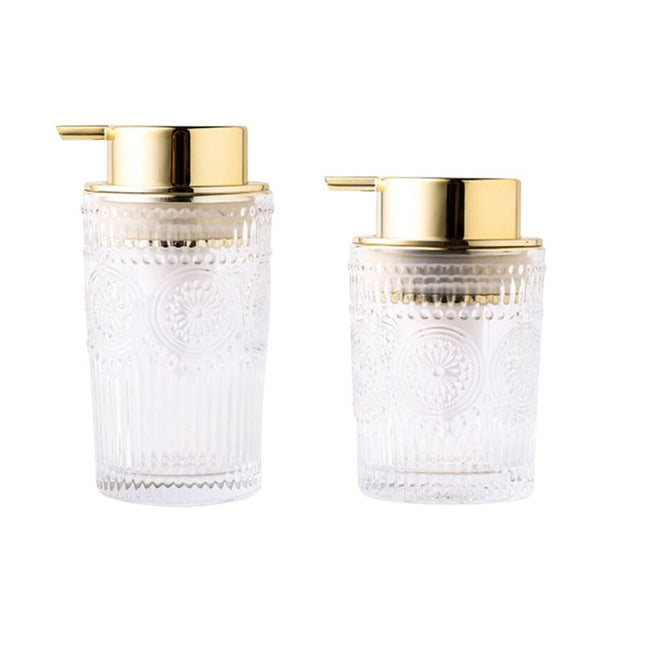 Glastvålpump med guldpump och mönster