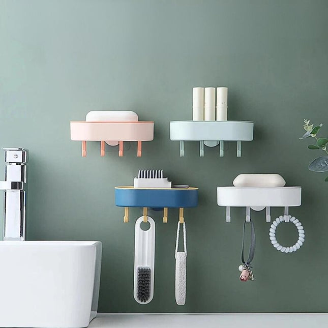 Väggmonterad tvålhållare med praktiska krokar