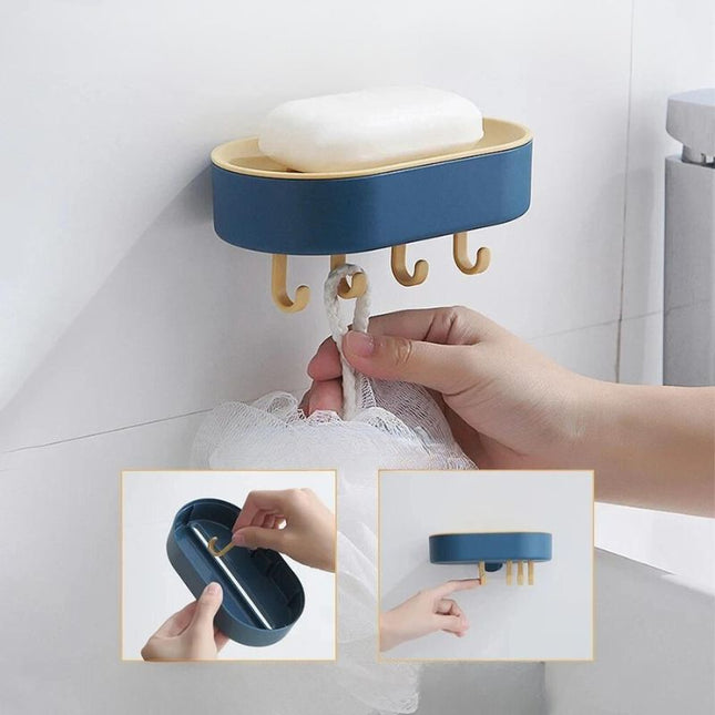 Väggmonterad tvålhållare med praktiska krokar